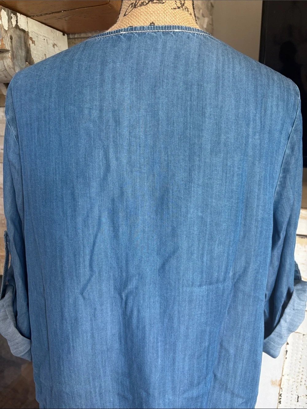 Karen by Karen Kane chambray tunic top brown lace-up v-neck and roll tab sleeves